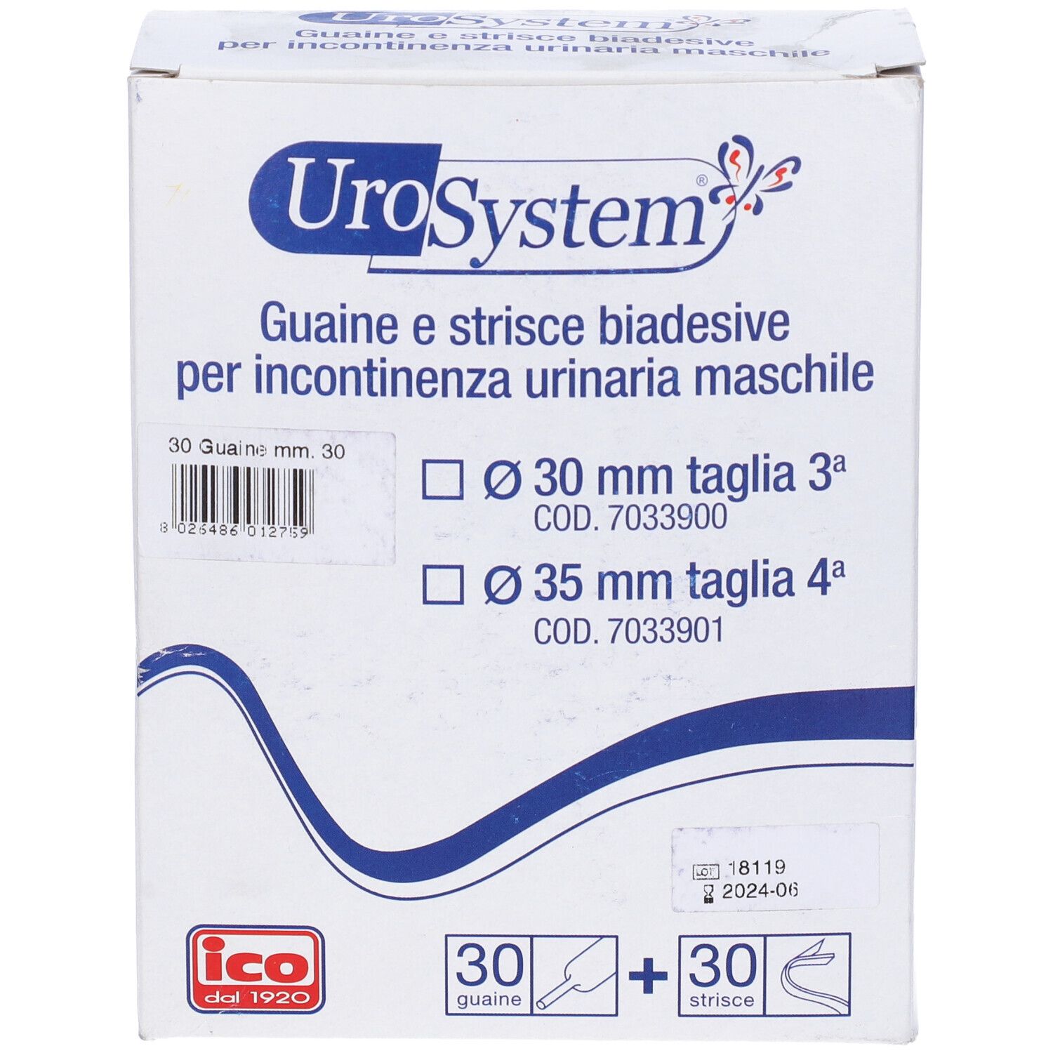 Confezione UroSystem. Contiene 30 Guaina e 30 Strice. Taglie: Ø 30 mm e Ø 35 mm.