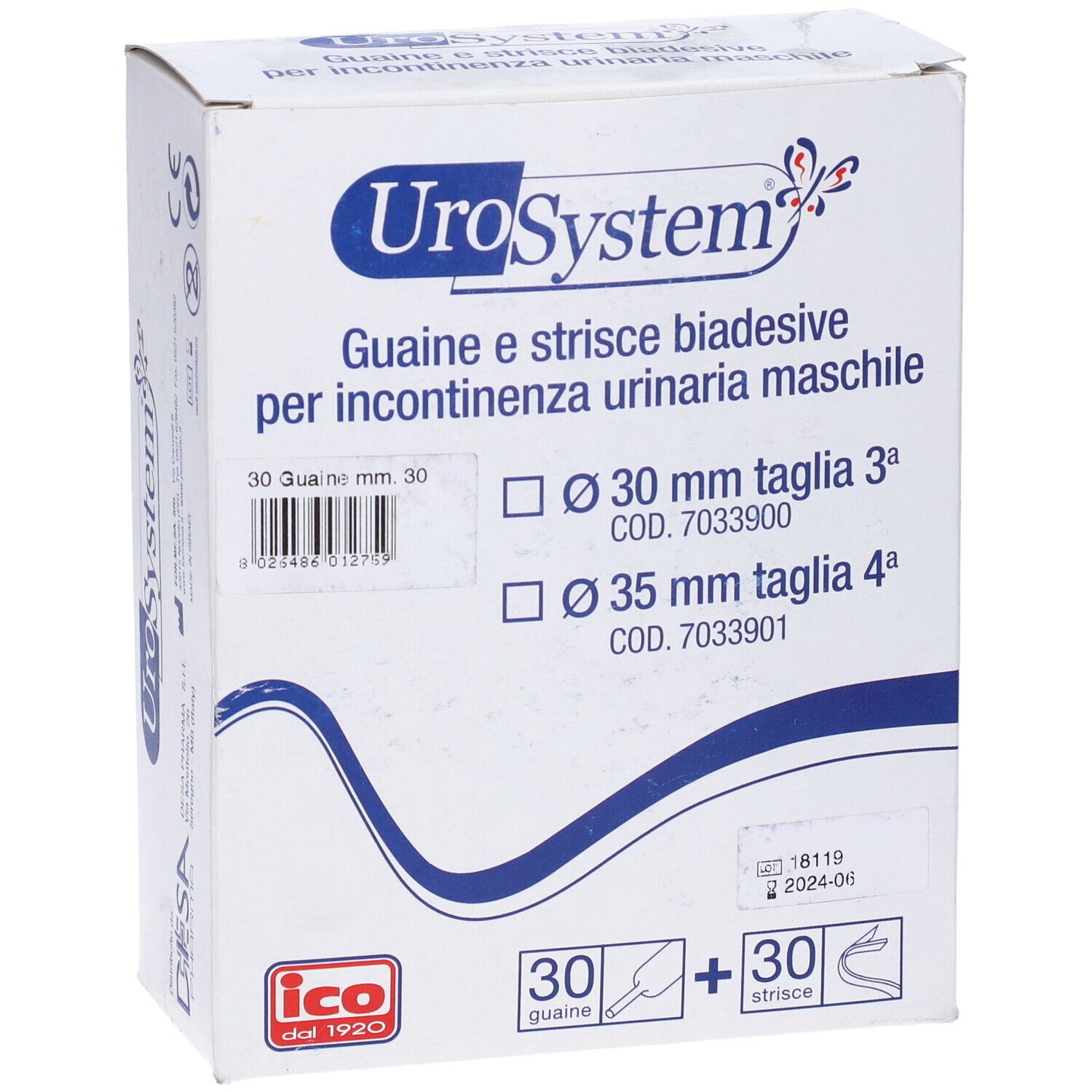 Confezione UroSystem. Contiene 30 Guaina e 30 Strice. Taglie: Ø 30 mm e Ø 35 mm.