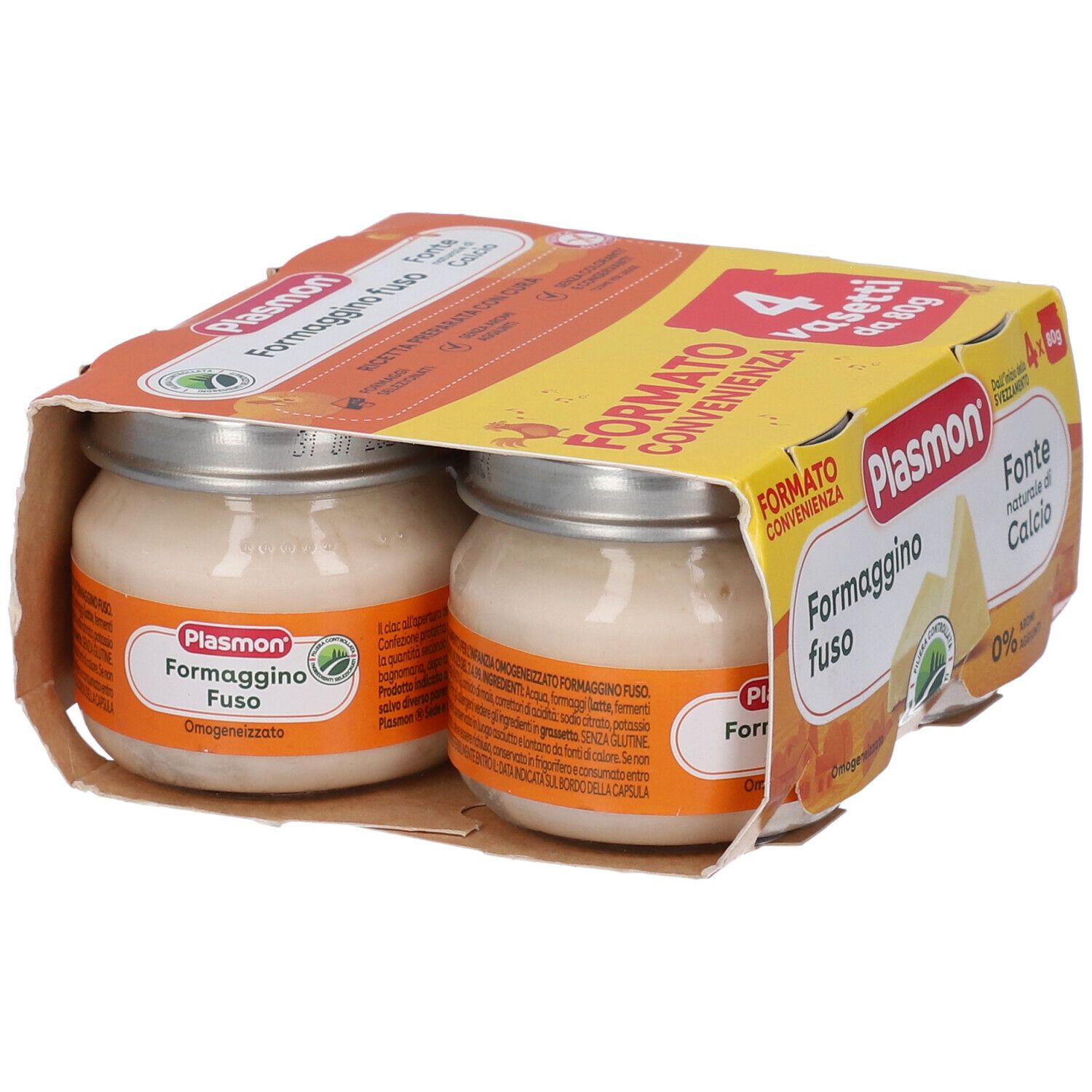 Due vasetti di Plasmon Formaggino fuso in una confezione gialla. Nome del prodotto e logo ben visibili.