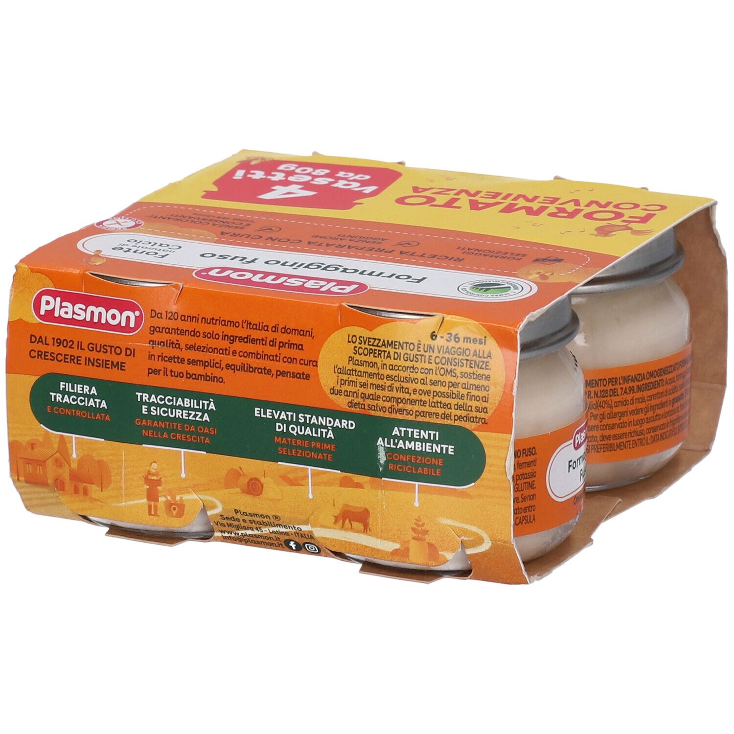 Retro della confezione di quattro vasetti di Plasmon Formaggino fuso. Testo e loghi su sfondo giallo.