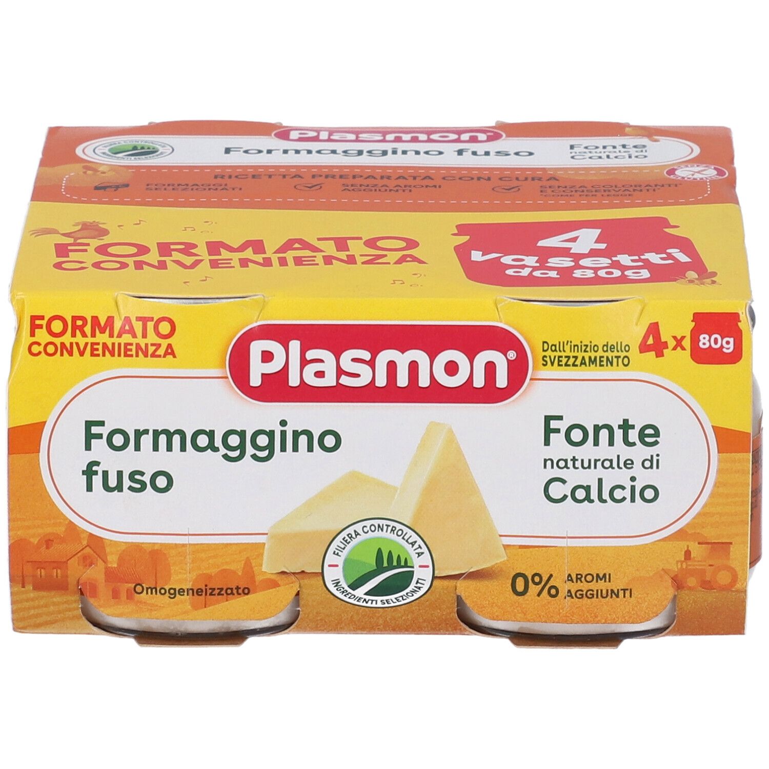 Confezione di quattro vasetti di Plasmon Formaggino fuso. Confezione gialla con nome del prodotto e illustrazioni di formaggio.