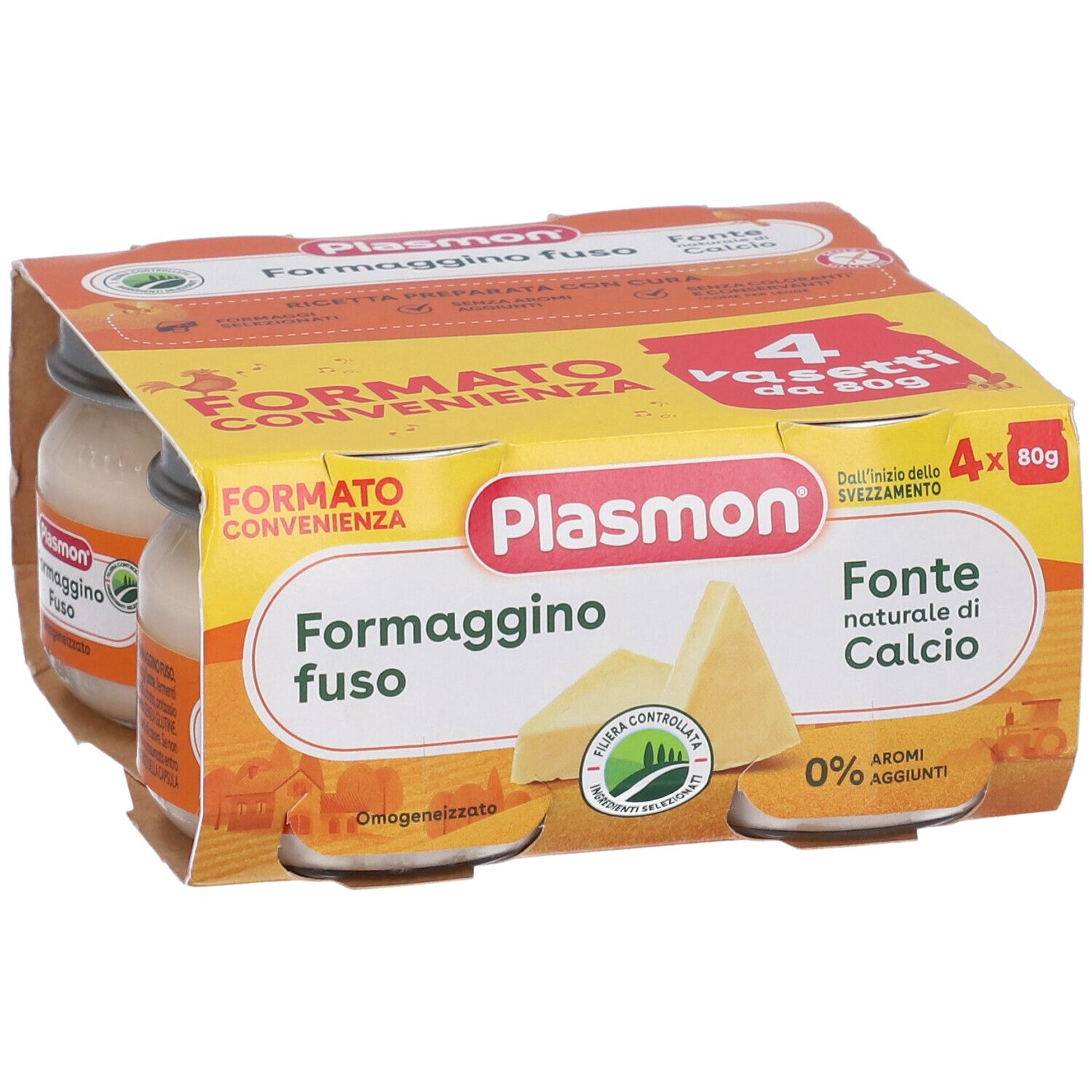 Confezione di quattro vasetti di Plasmon Formaggino fuso. Confezione gialla con nome del prodotto e illustrazioni di formaggio.