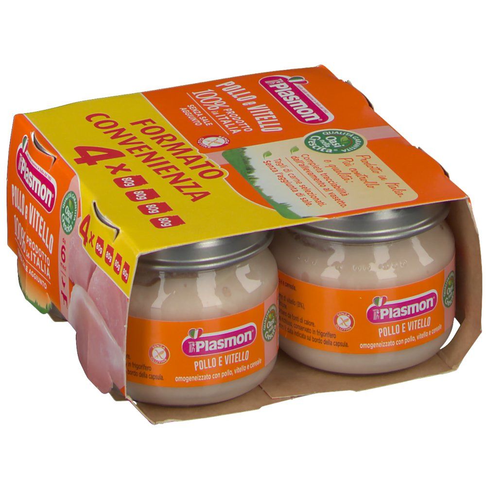 Confezione Plasmon® Pollo e Vitello con 4 vasetti e pezzi di pollo. Confezione arancione e gialla, prodotto italiano.