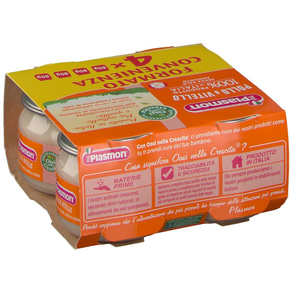 Confezione Plasmon® Pollo e Vitello con 4 vasetti. Confezione arancione e gialla, prodotto italiano, marchio di qualità.