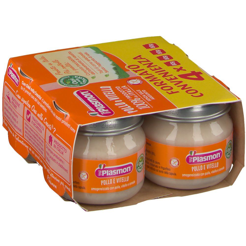 Confezione Plasmon® Pollo e Vitello con 4 vasetti. Confezione arancione e gialla, prodotto italiano, da 6 mesi.