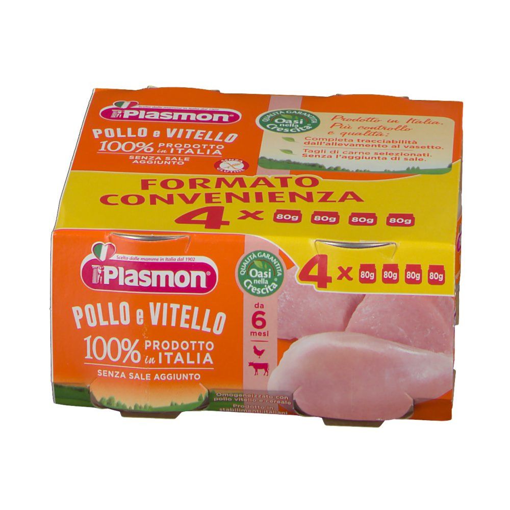 Confezione Plasmon® Pollo e Vitello, 4 vasetti e pezzi di pollo. Confezione arancione e gialla, prodotto italiano.