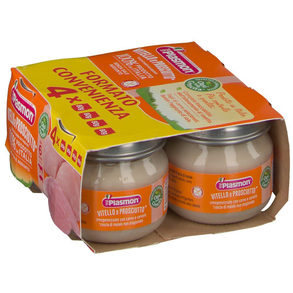 Confezione da due vasetti Plasmon Vitello e Prosciutto. Confezione arancione con nome e logo del prodotto. 2 vasetti e pezzi di carne visibili.