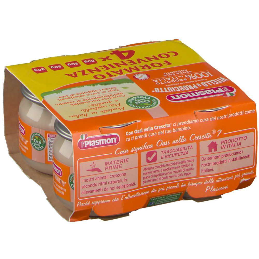 Confezione da due vasetti Plasmon Vitello e Prosciutto. Confezione arancione con nome e logo del prodotto. 2 vasetti visibili.