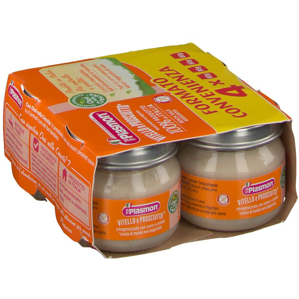 Confezione da due vasetti Plasmon Vitello e Prosciutto. Confezione arancione con nome e logo del prodotto. 2 vasetti visibili.