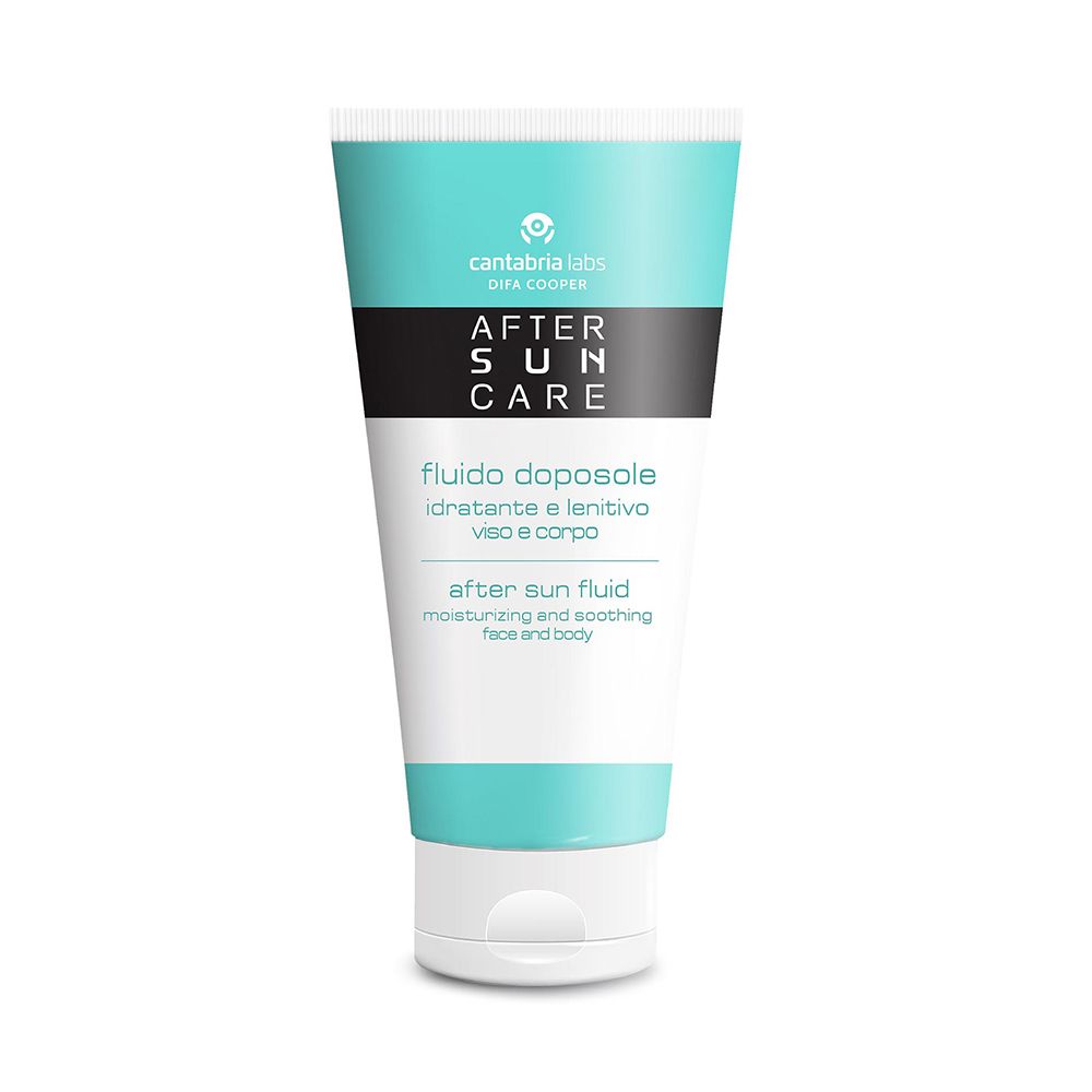 Tubo After Sun Care, design turchese e bianco. Banda nera con nome del prodotto. Testo in italiano e inglese.