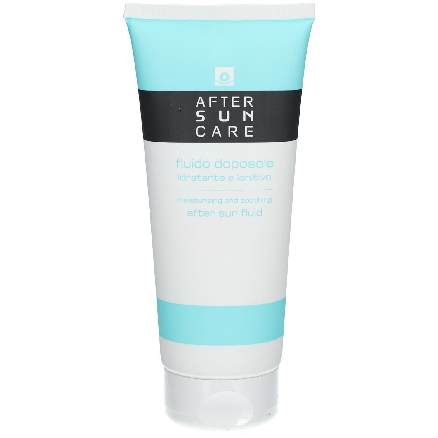 Tubo After Sun Care, design turchese e bianco. Banda nera con nome del prodotto. Testo in italiano e inglese.