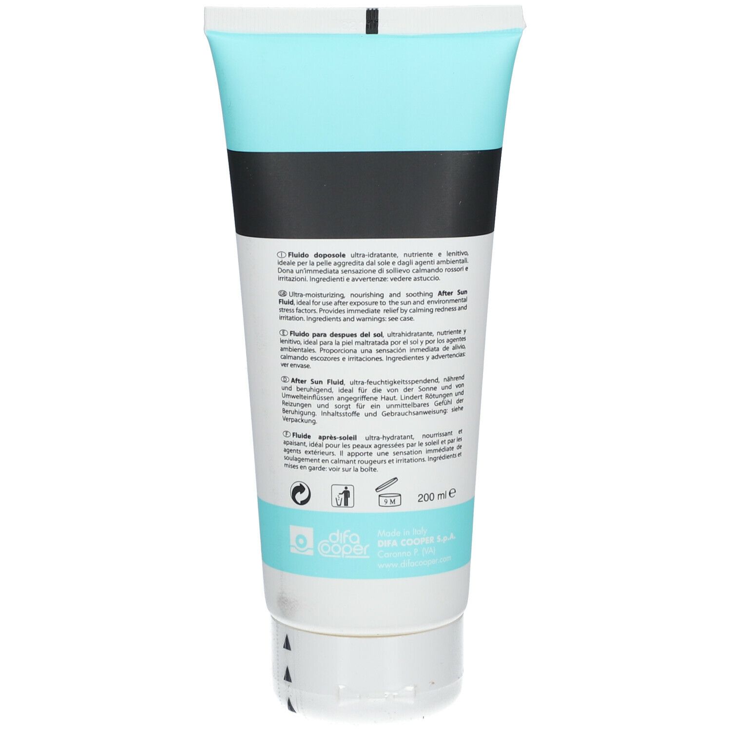 Retro del tubo After Sun Care. Design turchese e bianco. Testo multilingue. Volume 200 ml.