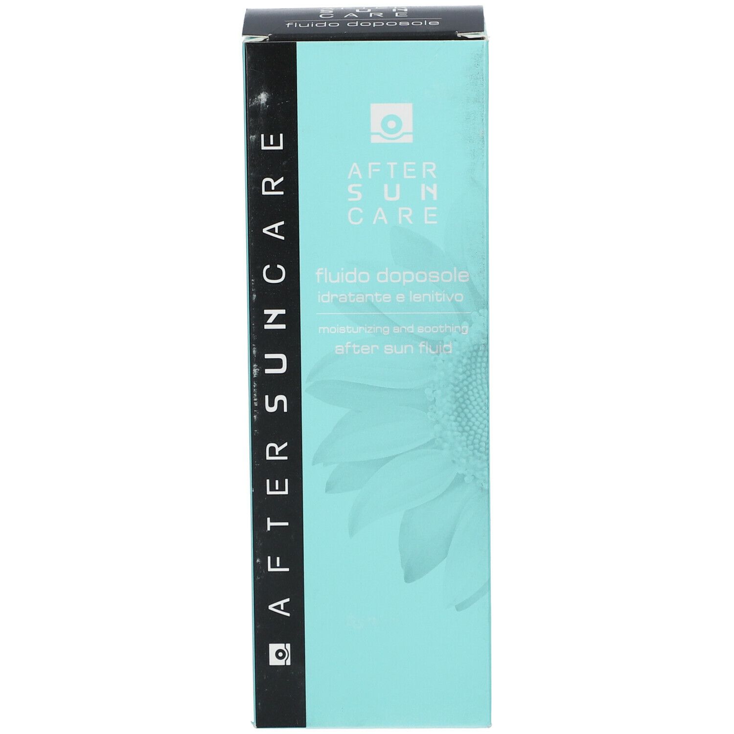 Scatola After Sun Care. Design turchese e bianco. Scatola nera con nome del prodotto. Illustrazione di girasole.
