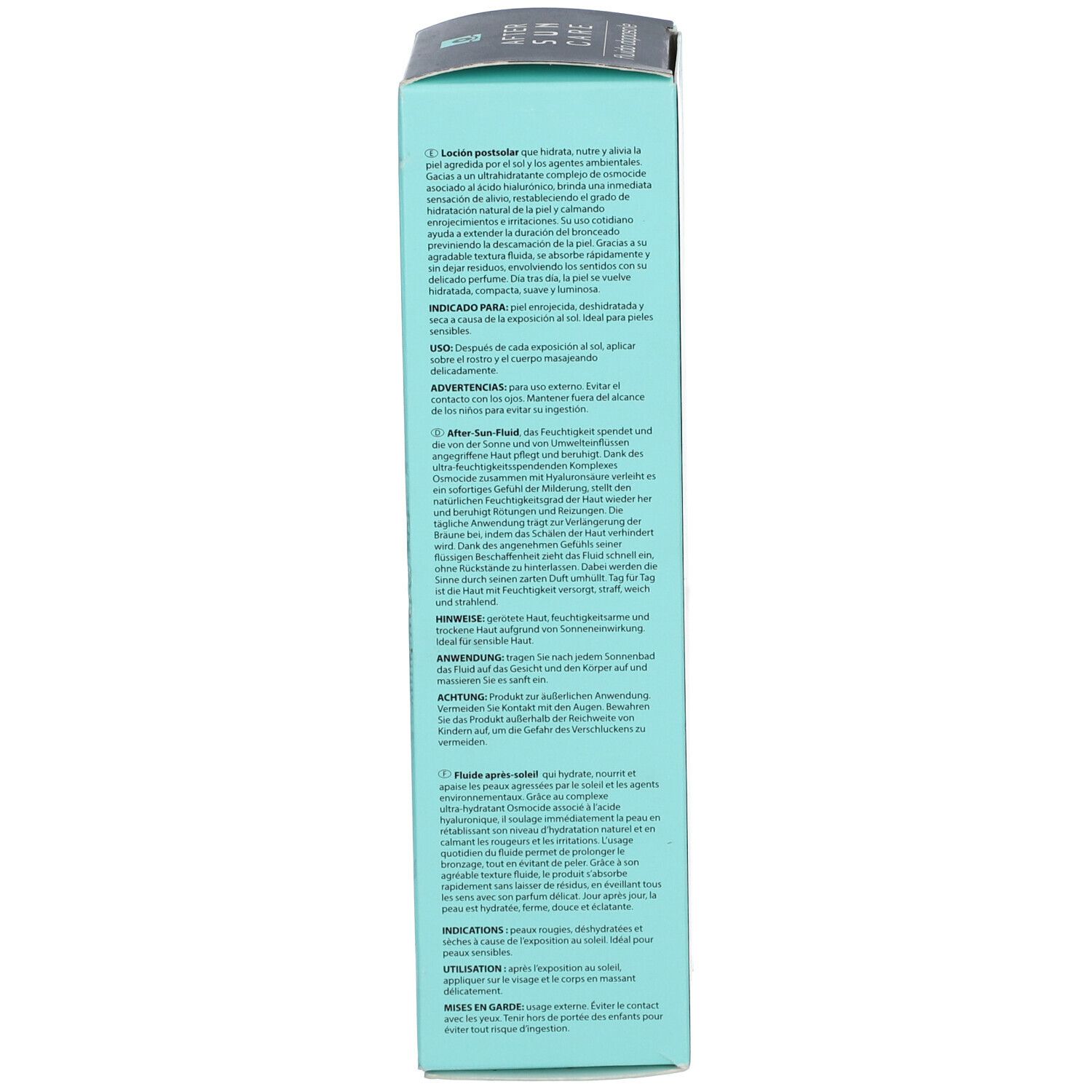Scatola After Sun Care. Design turchese e bianco. Testo multilingue. Informazioni e utilizzo del prodotto.
