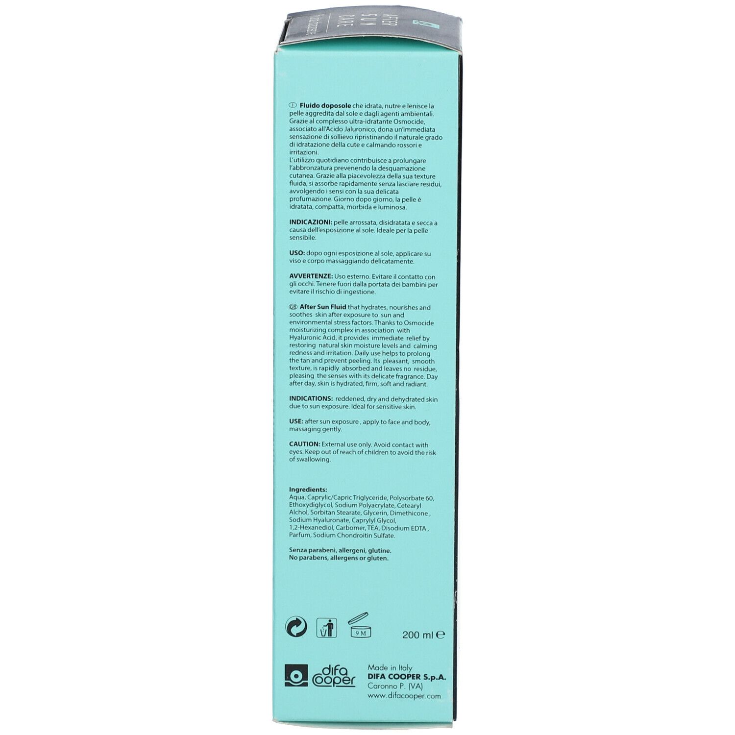 Retro della scatola After Sun Care. Design turchese e bianco. Testo multilingue. Volume 200 ml.