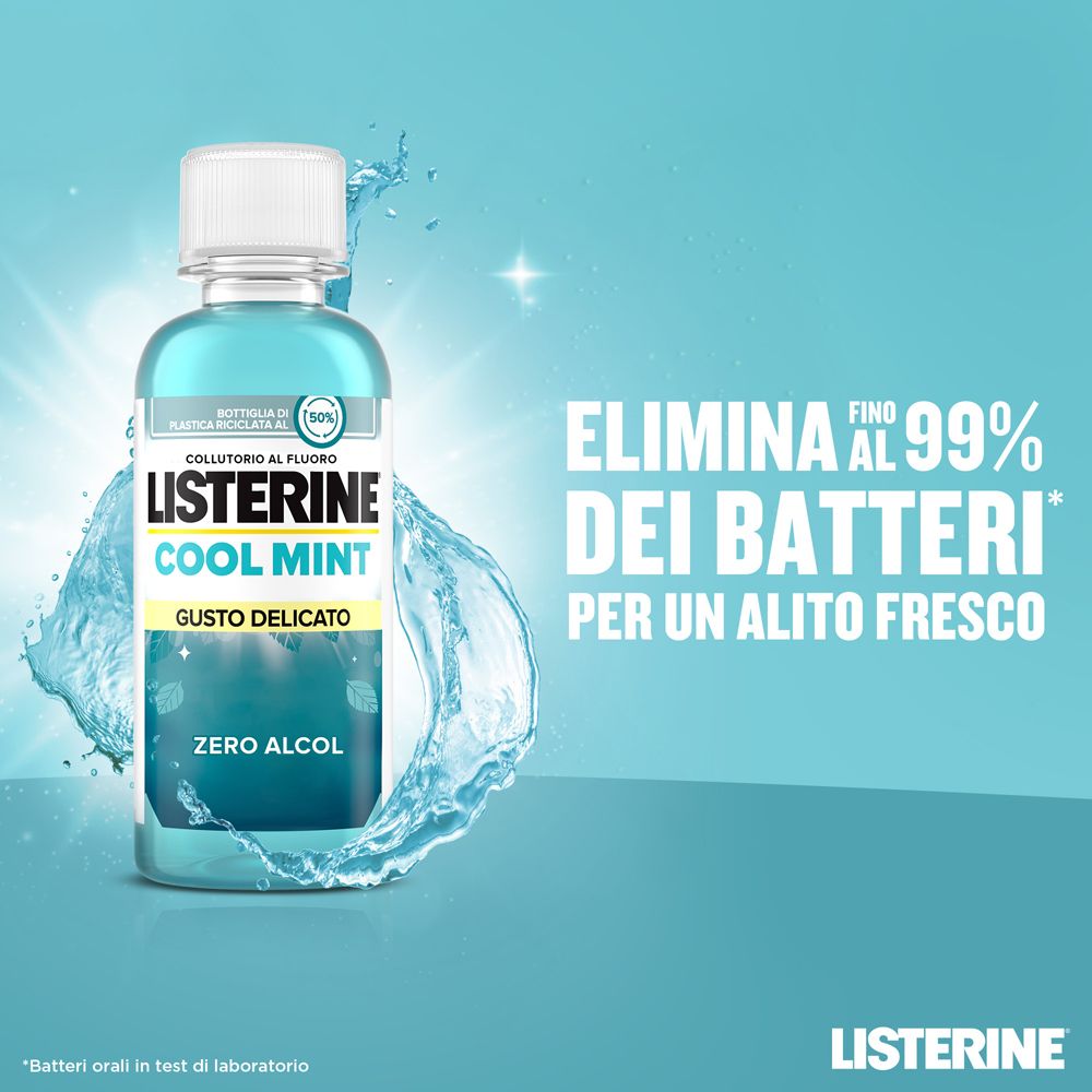 Collutorio blu in bottiglia. Testo: Listerine Cool Mint. Elimina fino al 99% dei batteri.