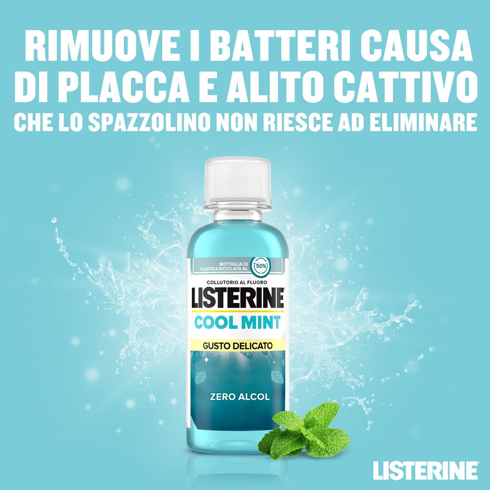 Collutorio blu in bottiglia. Testo: Listerine Cool Mint. Rimuove i batteri causa di placca e alito cattivo.