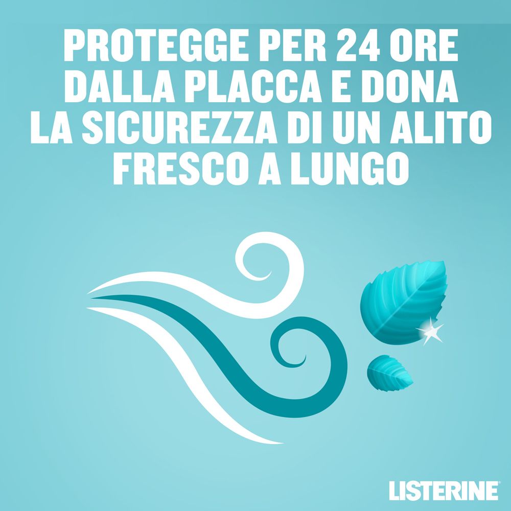 Rappresentazione astratta con vortici e foglie blu. Testo: Protegge per 24 ore dalla placca e dona un alito fresco.