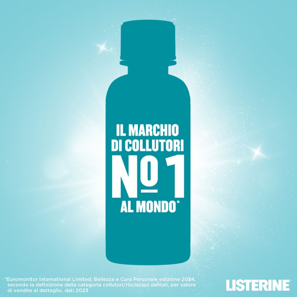 Silhouette blu di una bottiglia di collutorio. Testo: Il marchio di collutori n°1 al mondo.