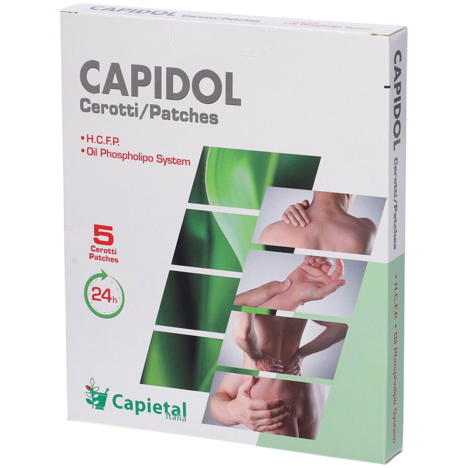 Confezione 'CAPIDOL cerotti/patches'. 5 cerotti. Immagini di parti del corpo. Logo e simbolo 24h.
