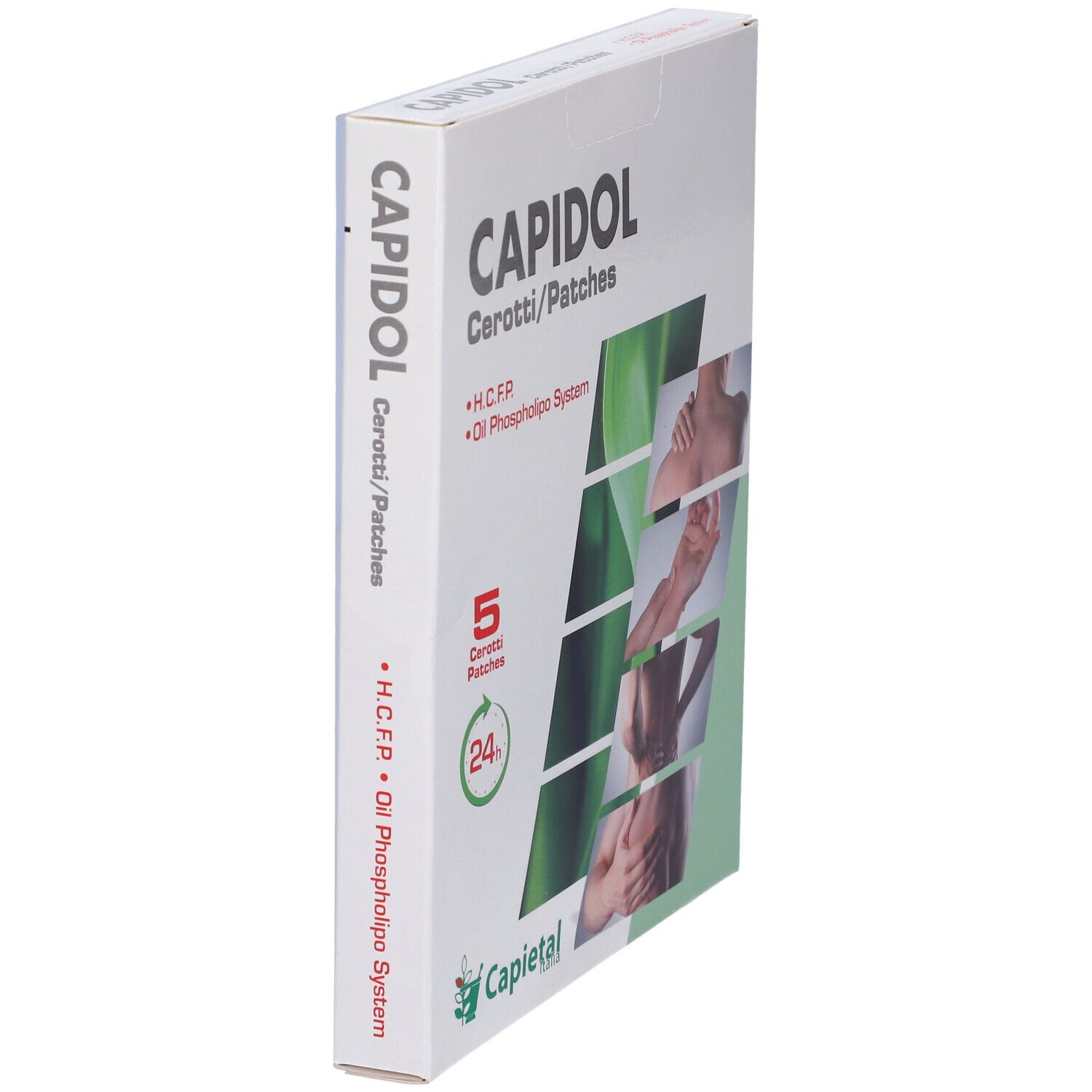Confezione 'CAPIDOL cerotti/patches' angolata. 5 cerotti. Immagini di parti del corpo. Logo.