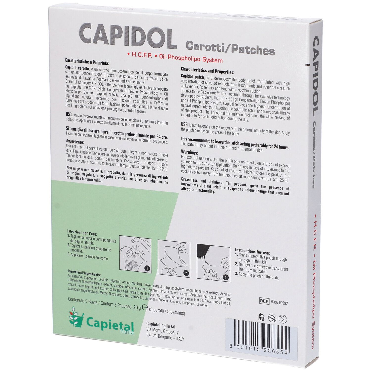 Retro confezione 'CAPIDOL cerotti/patches'. Testo, illustrazioni. Logo 'Capietal Italia'.