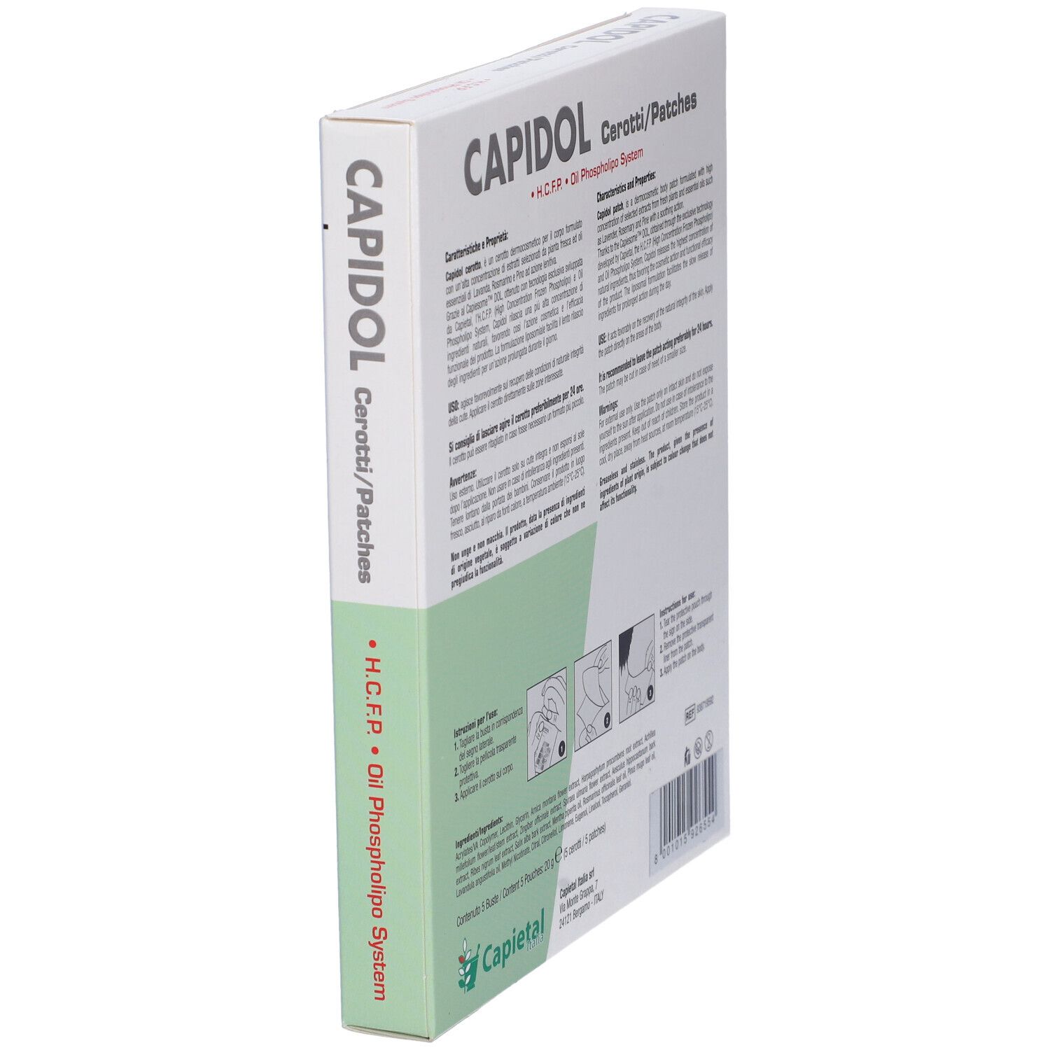 Retro angolato della confezione 'CAPIDOL cerotti/patches'. Testo, illustrazioni. Logo.