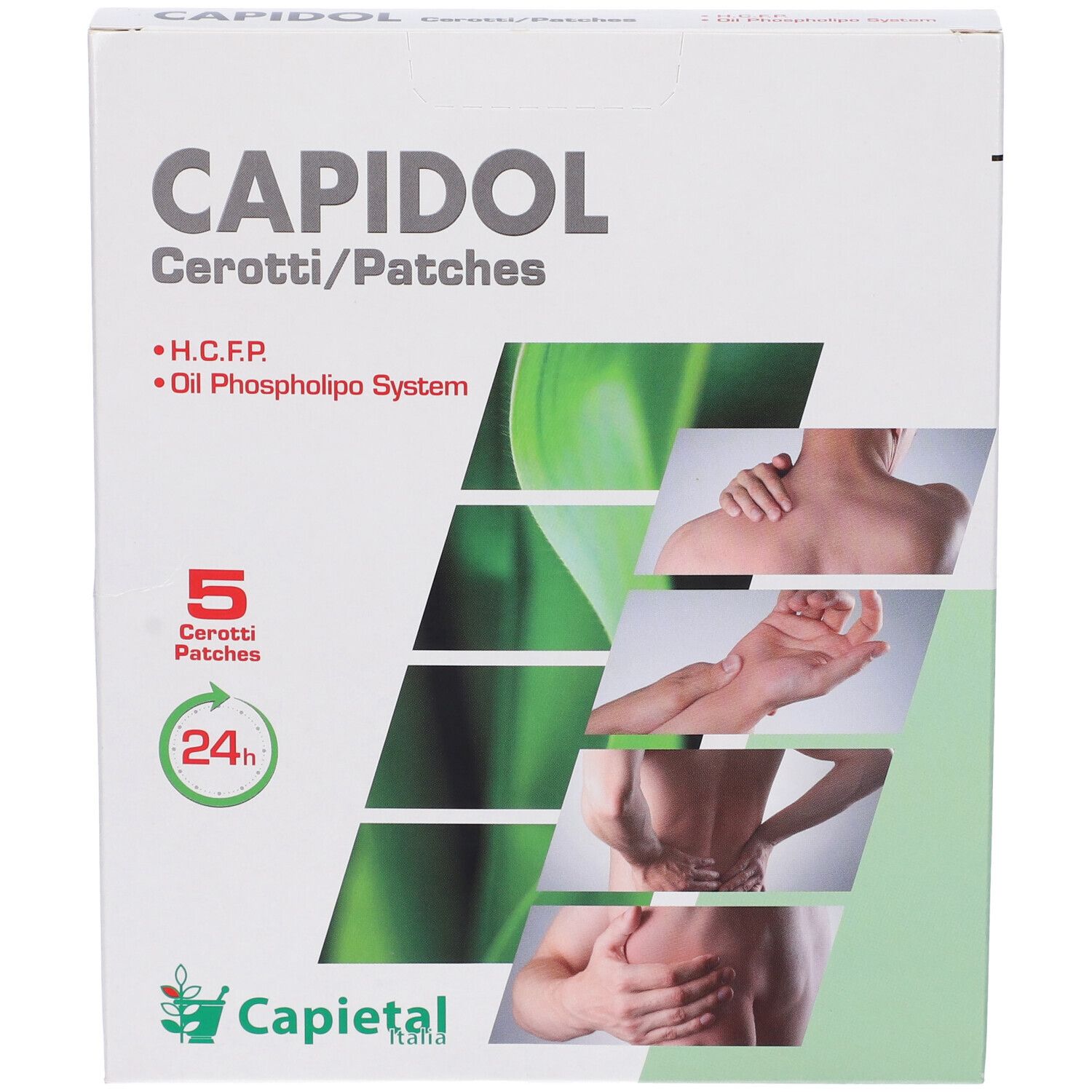 Confezione 'CAPIDOL cerotti/patches'. 5 cerotti. Immagini di parti del corpo. Logo e simbolo 24h.
