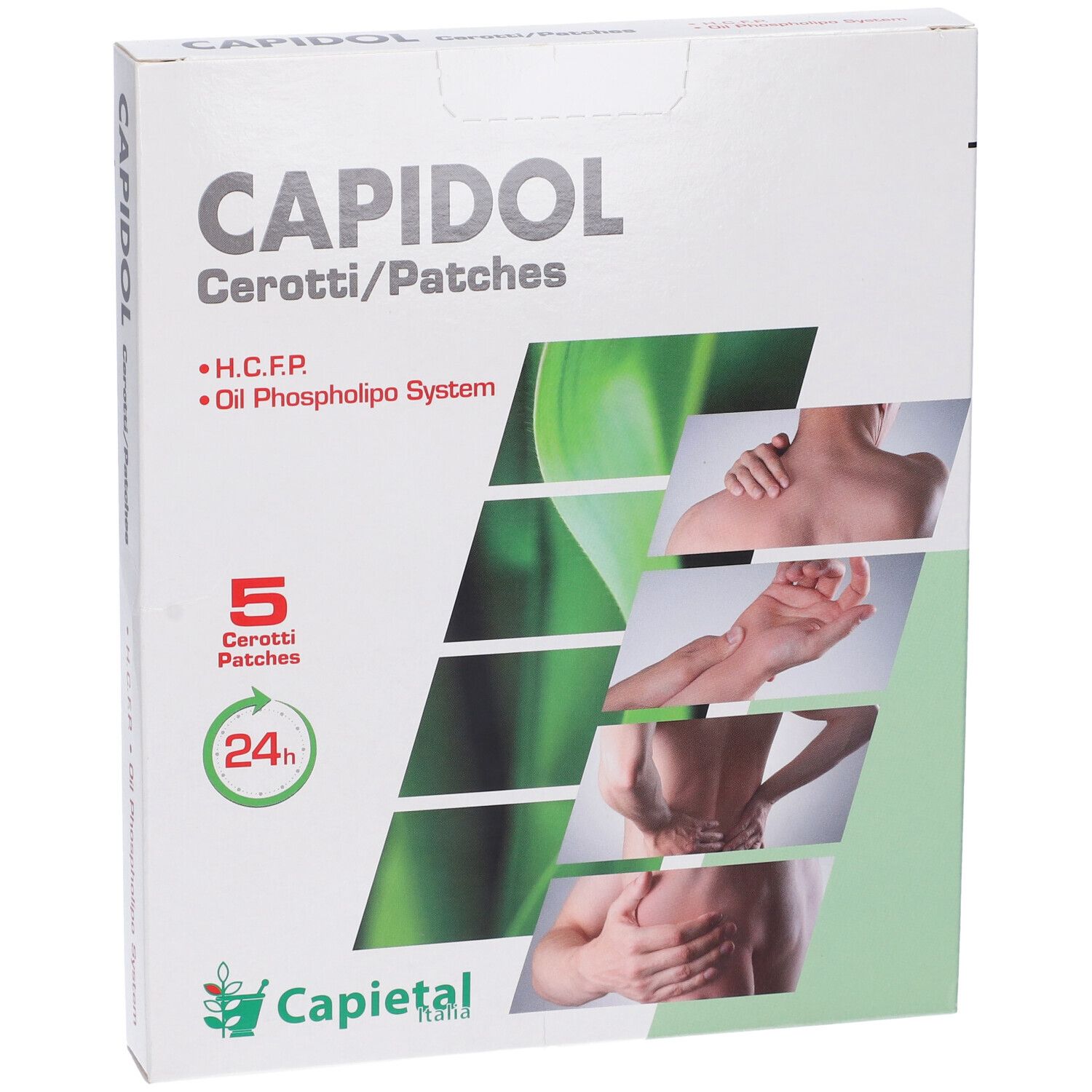 Confezione 'CAPIDOL cerotti/patches'. 5 cerotti. Immagini di parti del corpo. Logo e simbolo 24h.