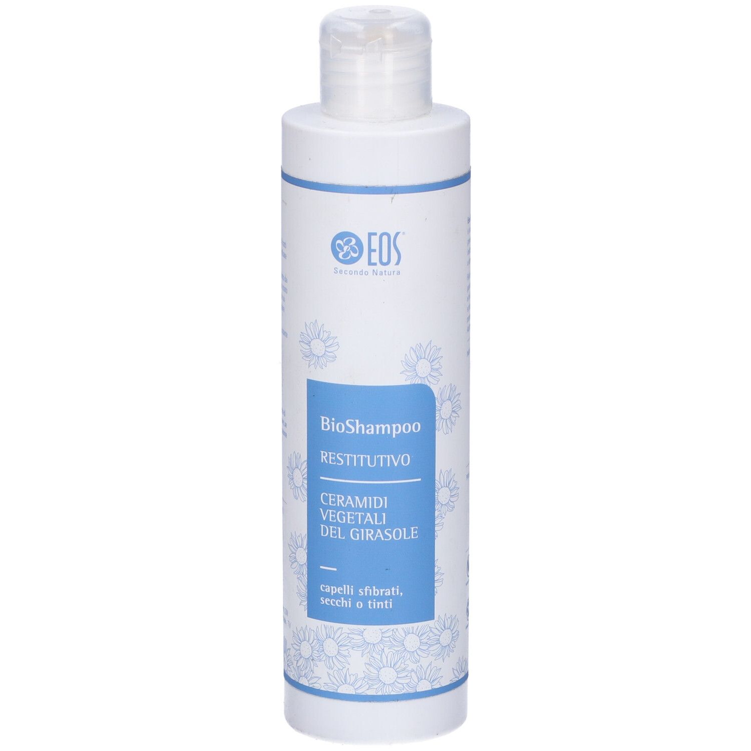 Flacone bianco con etichetta blu. Scritta: Eos, BioShampoo Restitutivo, Ceramide vegetali del girasole. Per capelli sfibrati.
