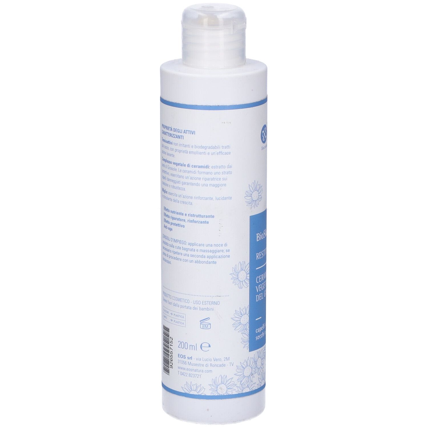 Retro del flacone bianco. Testo: ingredienti, istruzioni per l'uso, 200ml. Logo Eos. Codice a barre.