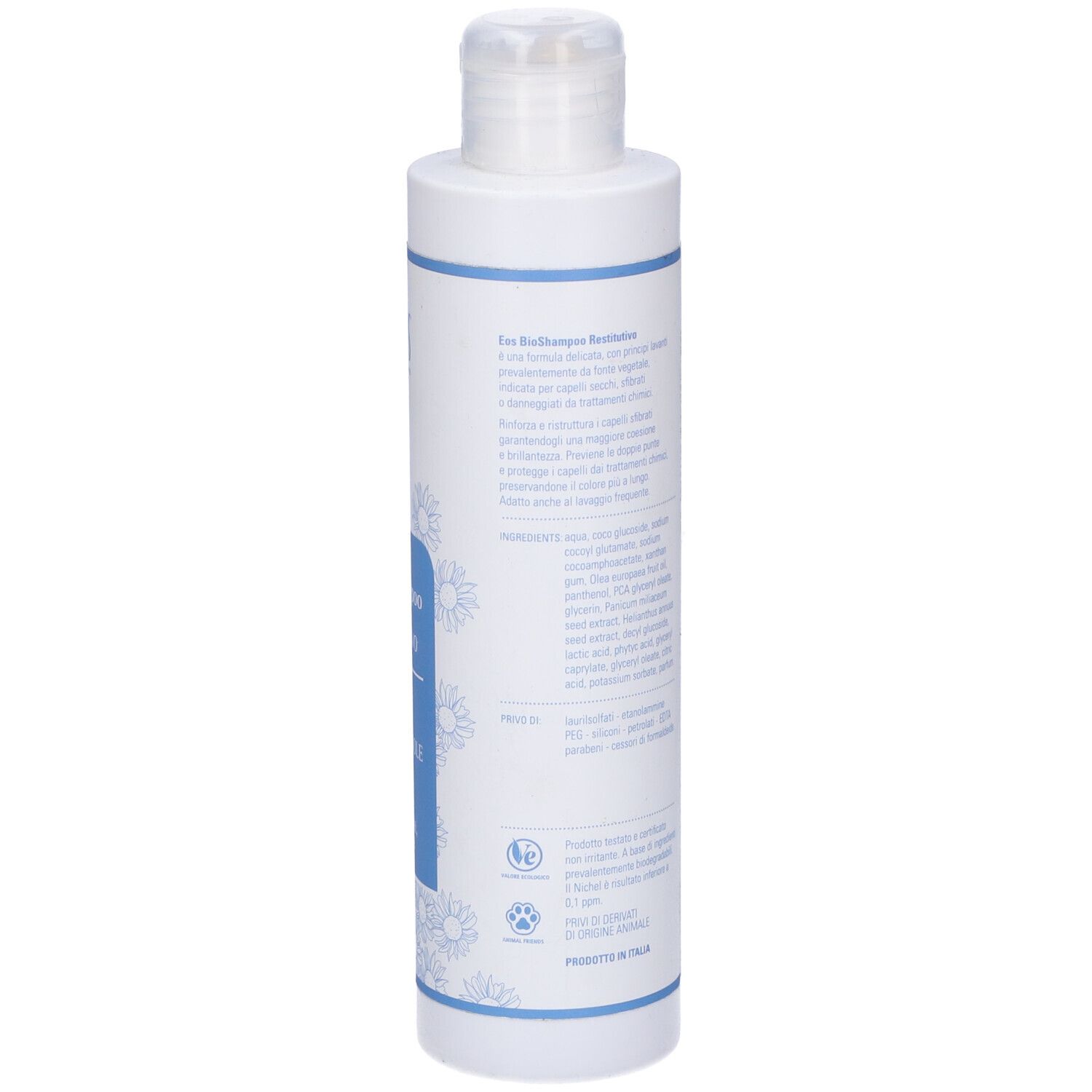 Retro del flacone bianco. Testo: ingredienti, istruzioni per l'uso, 200ml. Logo Eos. Sigillo vegano.