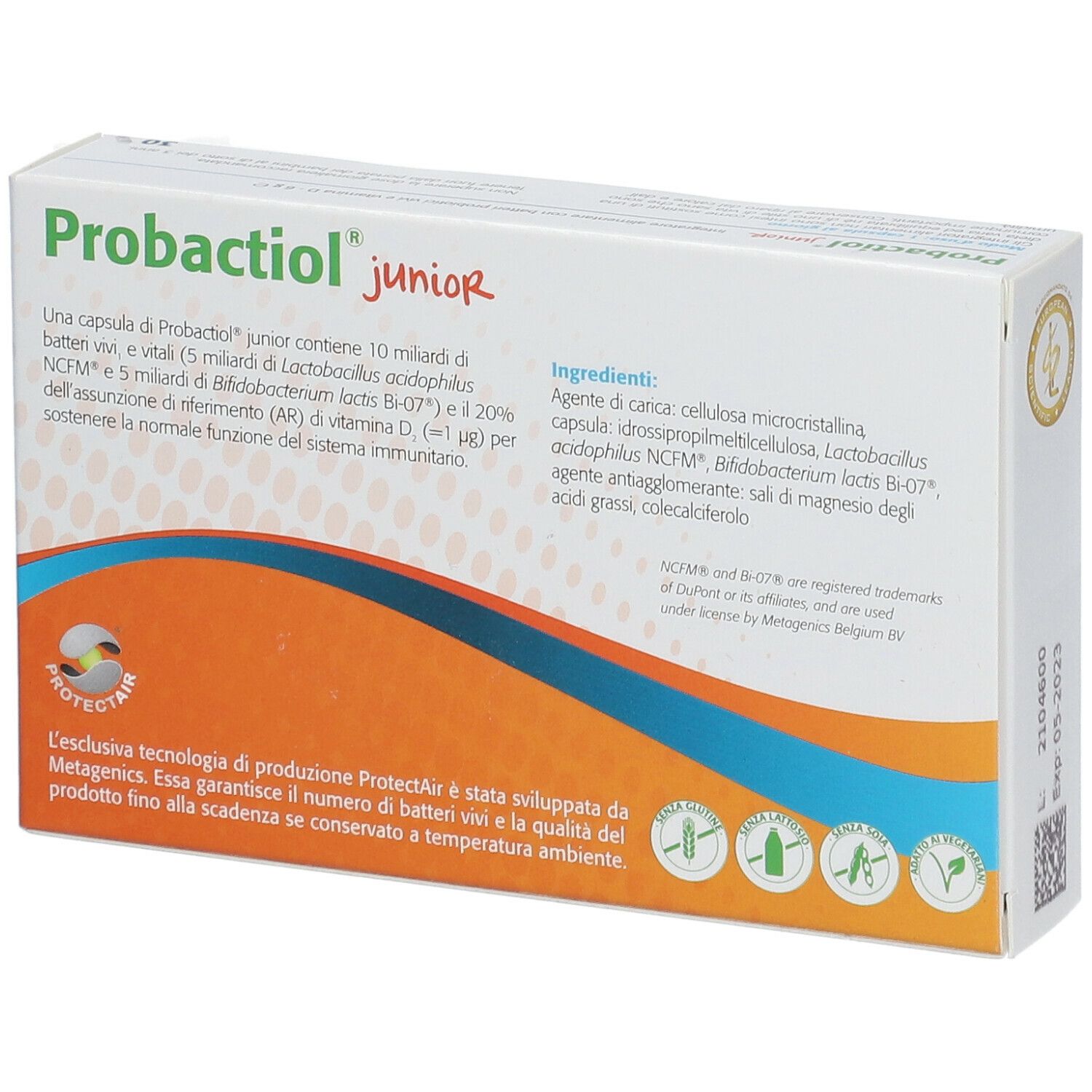 Confezione di Probactiol Junior. Retro con ingredienti e informazioni. Logo e certificazioni.