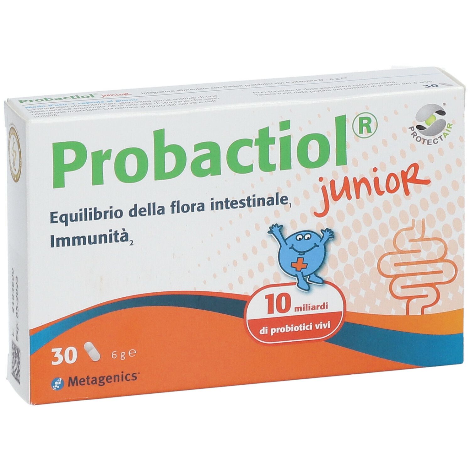 Confezione di Probactiol Junior. Contiene 30 compresse. Nome del prodotto, logo e illustrazioni sulla confezione.
