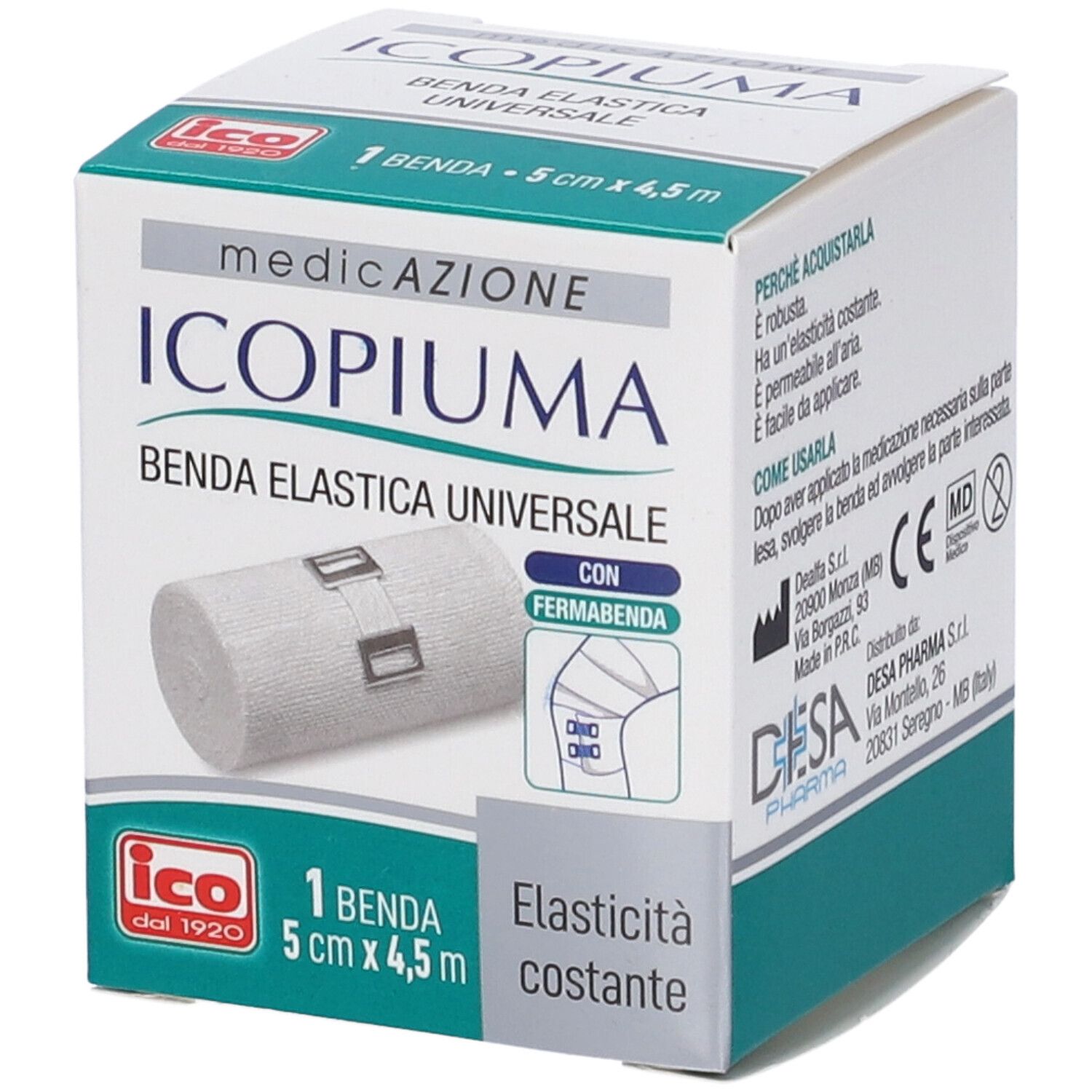 Confezione con benda elastica. Scritta: Icopiuma, Benda Elastica Universale, 1 benda 5 cm x 4,5 m.