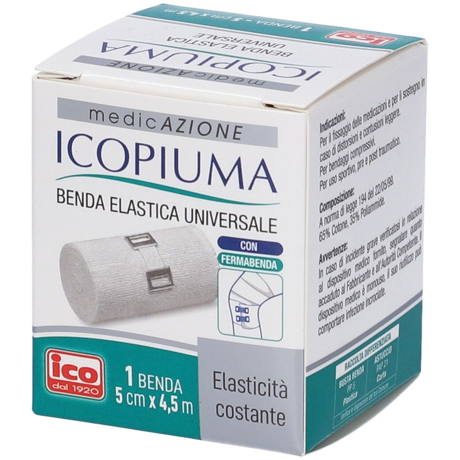 Confezione con benda elastica. Scritta: Icopiuma, Benda Elastica Universale, 1 benda 5 cm x 4,5 m.