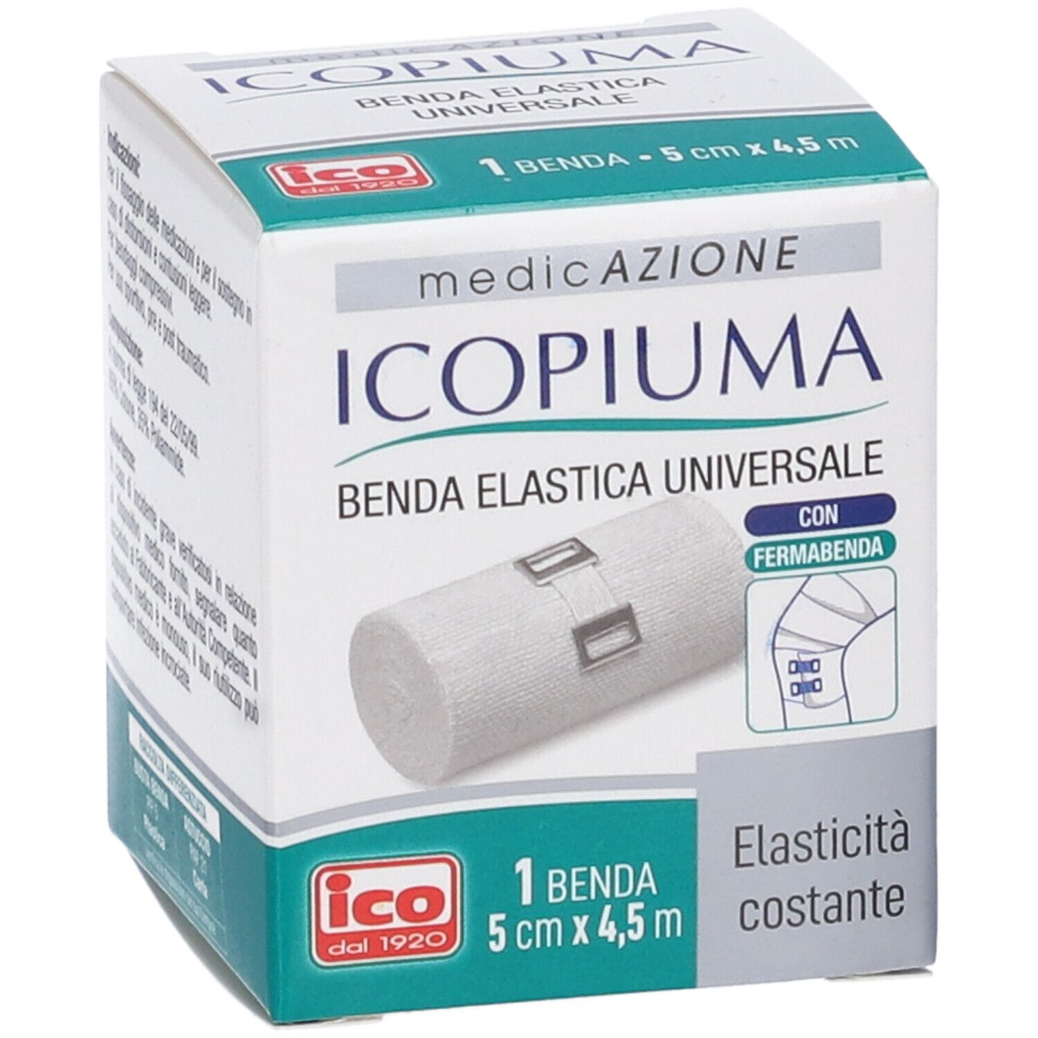 Confezione con benda elastica. Scritta: Icopiuma, Benda Elastica Universale, 1 benda 5 cm x 4,5 m.