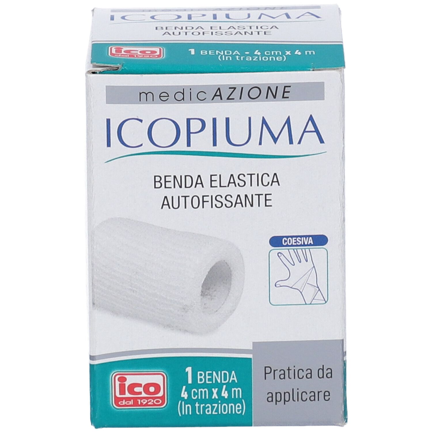 Confezione Icopiuma. Benda bianca, 4 cm x 4 m. Scritta: 'Benda Elastica Autofissante'.