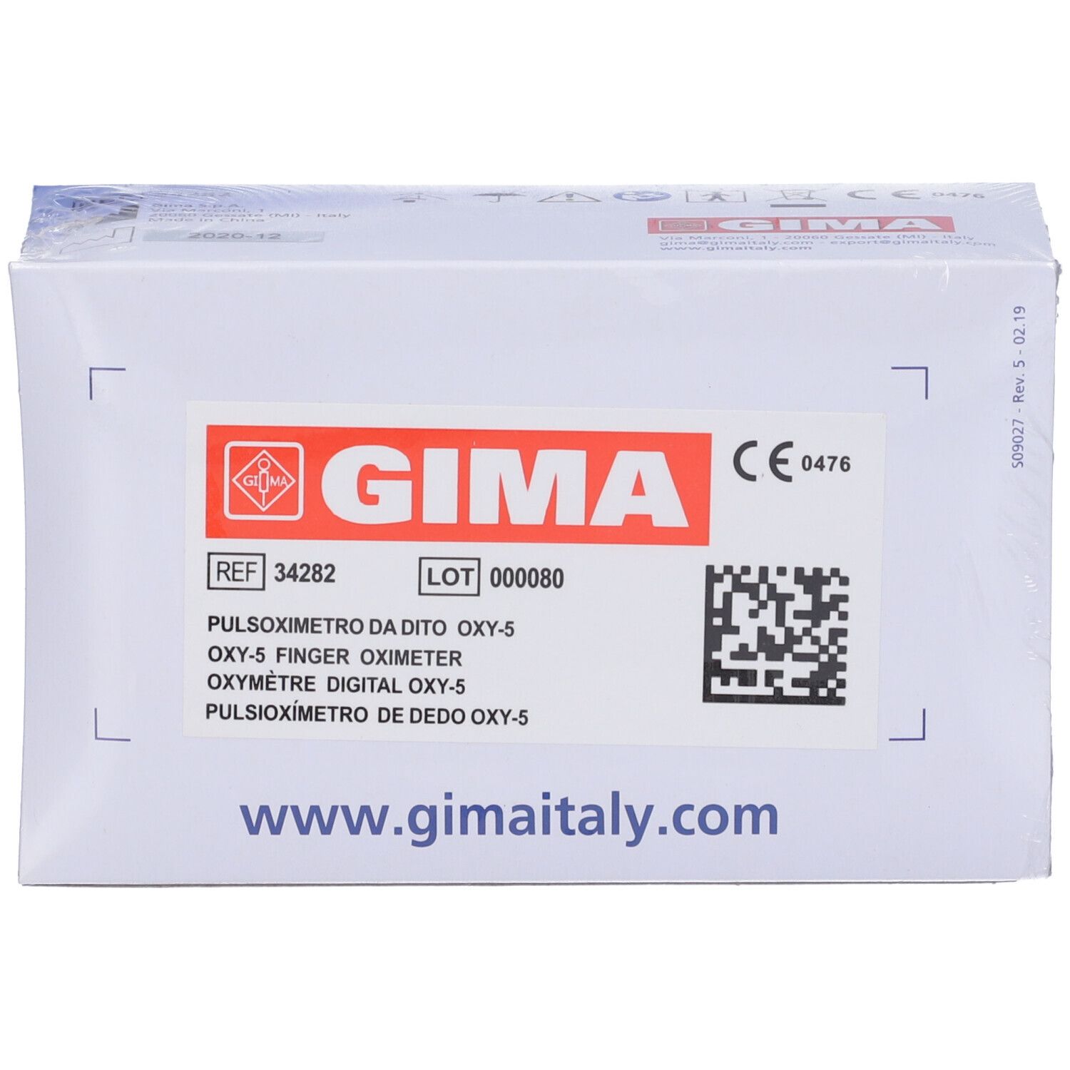 Confezione del prodotto con informazioni. Logo GIMA, nome del prodotto, numero di riferimento e marchio CE.