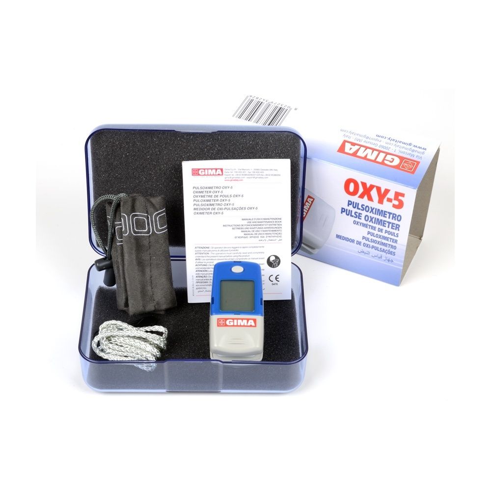 Pulsossimetro in valigetta. Accessori: sacchetto, cordino, manuale. Logo GIMA visibile.