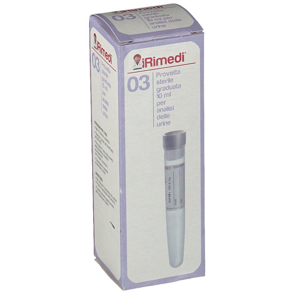 Confezione iRimedi 03 Provetta sterile graduata 10 ml per analisi urine. Tubo con tappo visibile. Testo in italiano.