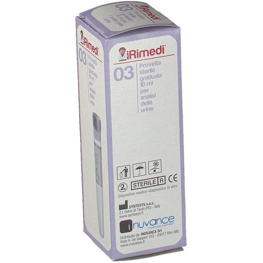Confezione iRimedi 03 Provetta sterile graduata 10 ml per analisi urine. Tubo visibile. Marchio CE. Testo in italiano.