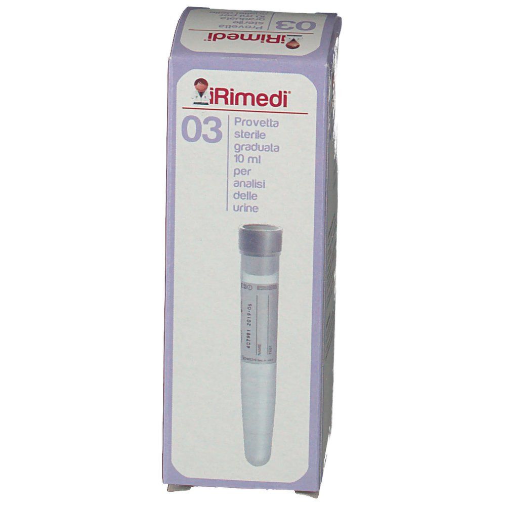 Confezione iRimedi 03 Provetta sterile graduata 10 ml per analisi urine. Tubo con tappo visibile. Testo in italiano.