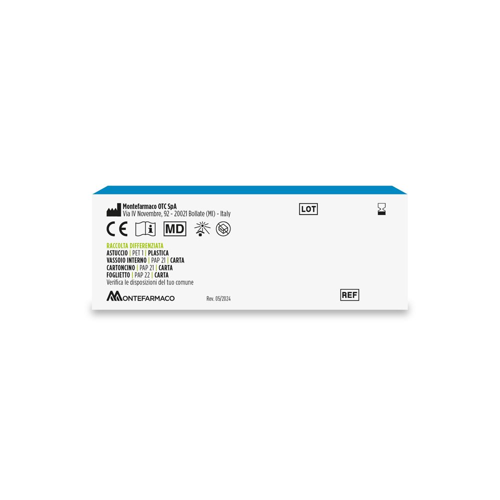 Retro della confezione. Testo, loghi, marchio CE, simbolo MD, Montefarmaco OTC Spa.