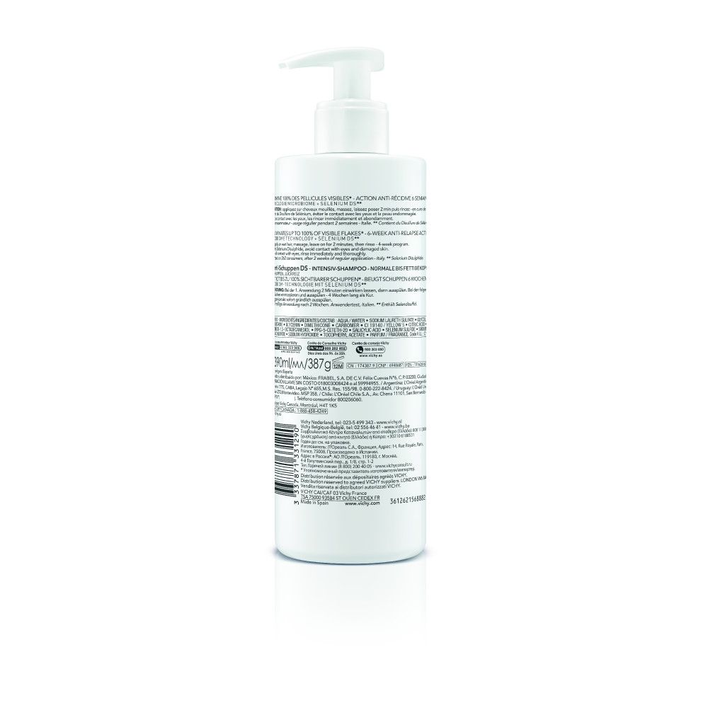 Retro del flacone Vichy Dercos Shampoo Antiforfora con informazioni sull'uso.