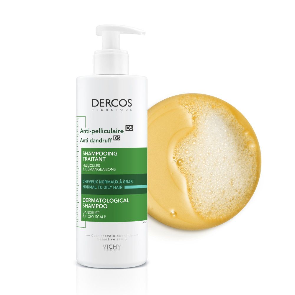 Shampoo Vichy Dercos accanto a un cerchio di schiuma.