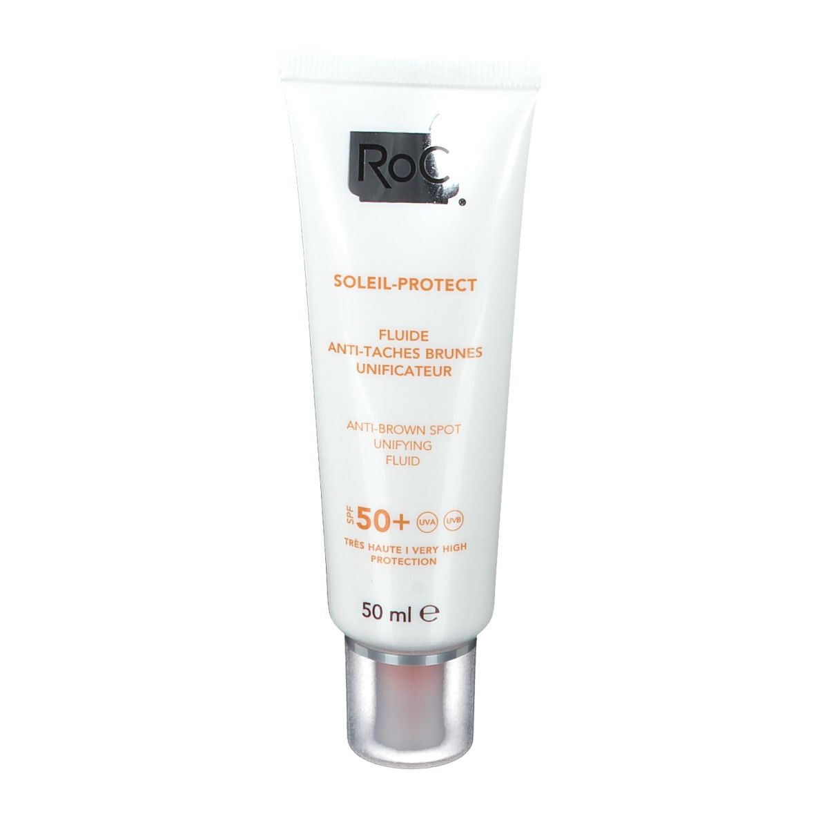 Tubo bianco RoC Soleil-Protect SPF 50+. Contiene 50 ml. Scritto: Fluido anti-macchie brune.