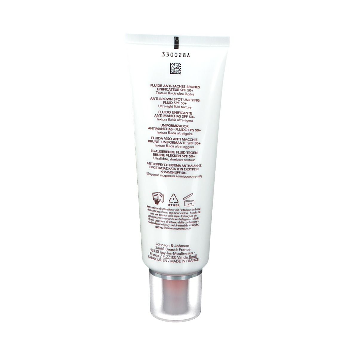 Retro del tubo bianco. Testo: Fluido anti-macchie brune unificante SPF 50+. Contiene informazioni.