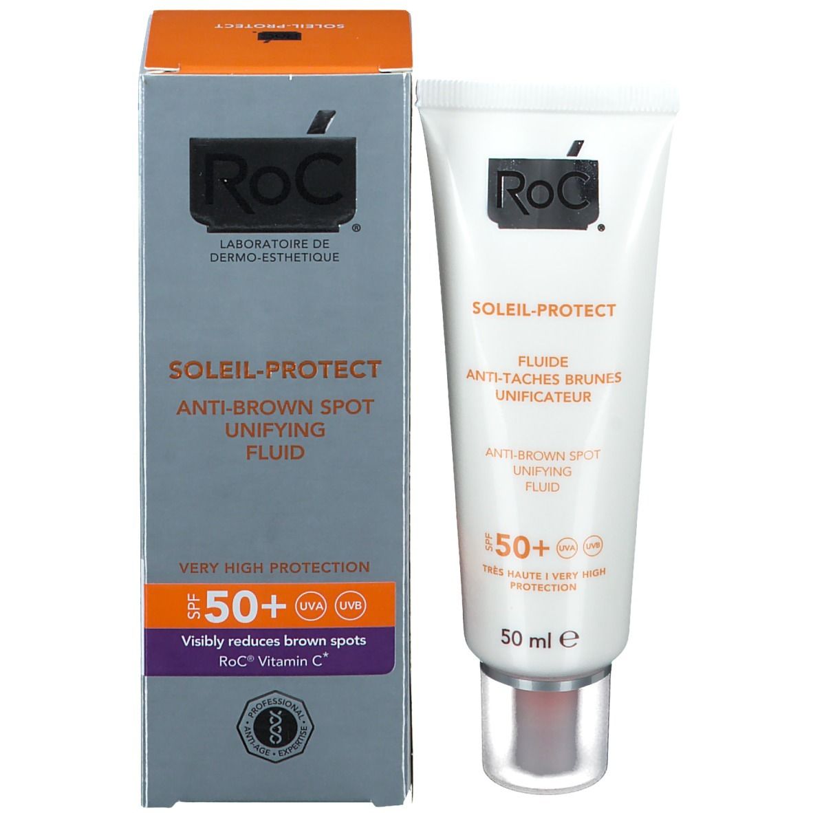 Confezione del prodotto con tubo e scatola. RoC Soleil-Protect SPF 50+. Contiene 50 ml.