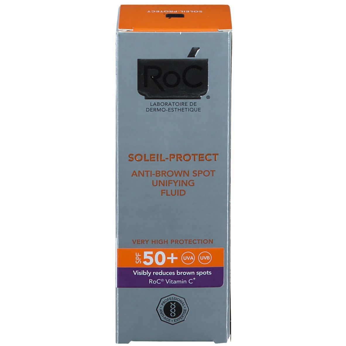 Confezione in cartone. RoC Soleil-Protect SPF 50+. Testo: Anti-Brown Spot Unifying Fluid.